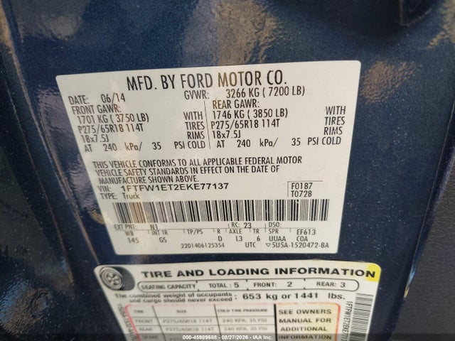 45989688 :رقم المزاد ، 1FTFW1ET2EKE77137 vin ، 2014 Ford F-150 Xlt مزاد بيع