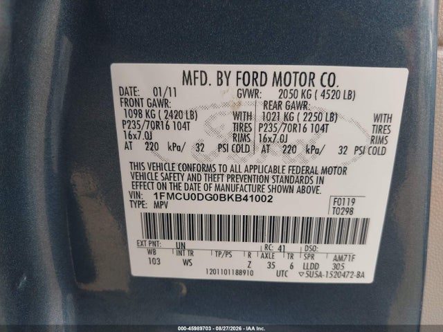 45989703 :رقم المزاد ، 1FMCU0DG0BKB41002 vin ، 2011 Ford Escape Xlt مزاد بيع
