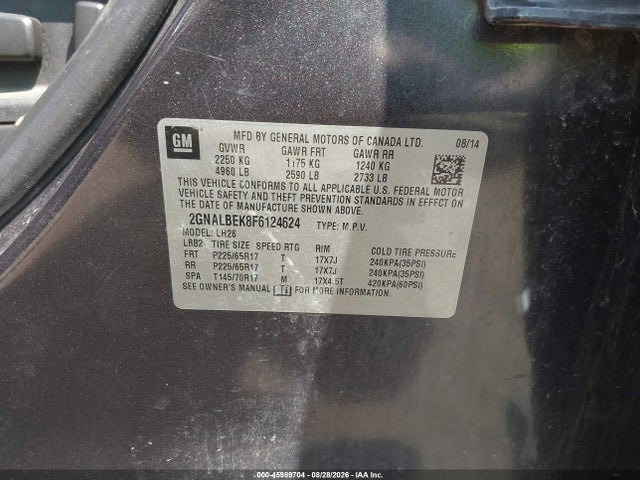 45989704 :رقم المزاد ، 2GNALBEK8F6124624 vin ، 2015 Chevrolet Equinox Lt مزاد بيع