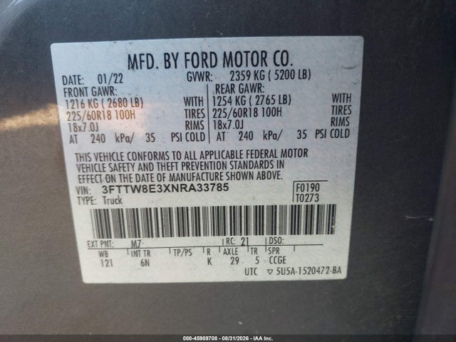 2022 Ford Maverick Lariat მანქანა იყიდება აუქციონზე, vin: 3FTTW8E3XNRA33785, აუქციონის ნომერი: 45989708