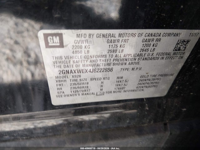 Aukcja sprzedaży 2018 Chevrolet Equinox Premier, vin: 2GNAXWEX4J6222856, numer aukcji: 45989719