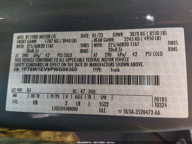 45989724 :رقم المزاد ، 1FT6W1EV9PWG06360 vin ، 2023 Ford F-150 Lightning Lariat مزاد بيع