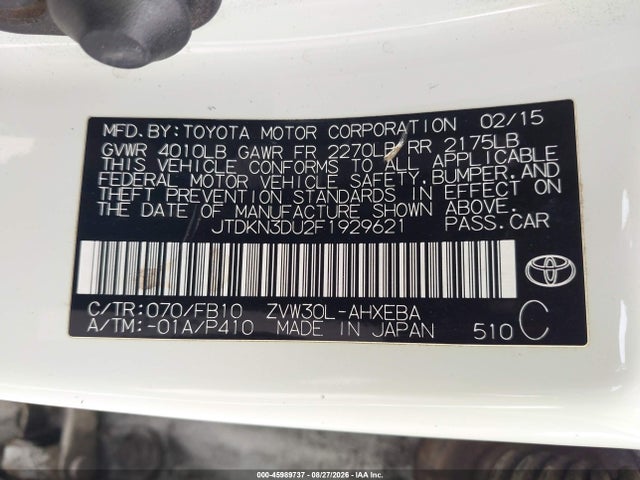 Aukcja sprzedaży 2015 Toyota Prius Two, vin: JTDKN3DU2F1929621, numer aukcji: 45989737