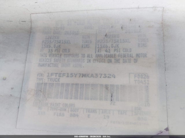1991 Ford F150 მანქანა იყიდება აუქციონზე, vin: 1FTEF15Y7MKA37324, აუქციონის ნომერი: 45989744