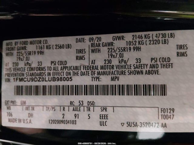 45989751 :رقم المزاد ، 1FMCU9DZ0LUB98005 vin ، 2020 Ford Escape Titanium Hybrid مزاد بيع