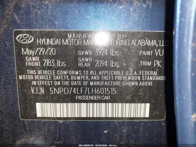 Продаж на аукціоні авто 2020 Hyundai Elantra Se, vin: 5NPD74LF7LH601515, номер лоту: 45989755