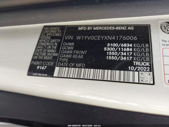 45989758 :رقم المزاد ، W1YV0CEYXN4176006 vin ، 2022 Mercedes-benz Metris مزاد بيع