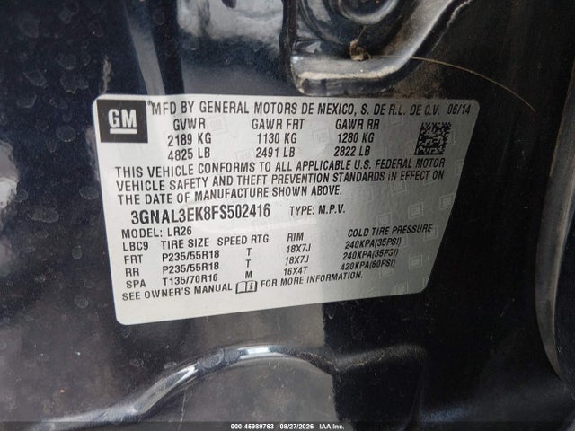 Продаж на аукціоні авто 2015 Chevrolet Captiva Sport Lt, vin: 3GNAL3EK8FS502416, номер лоту: 45989763