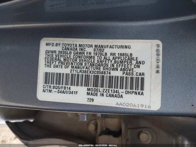 45989764 :رقم المزاد ، 2T1LR38EX3C058874 vin ، 2003 Toyota Matrix Xr مزاد بيع