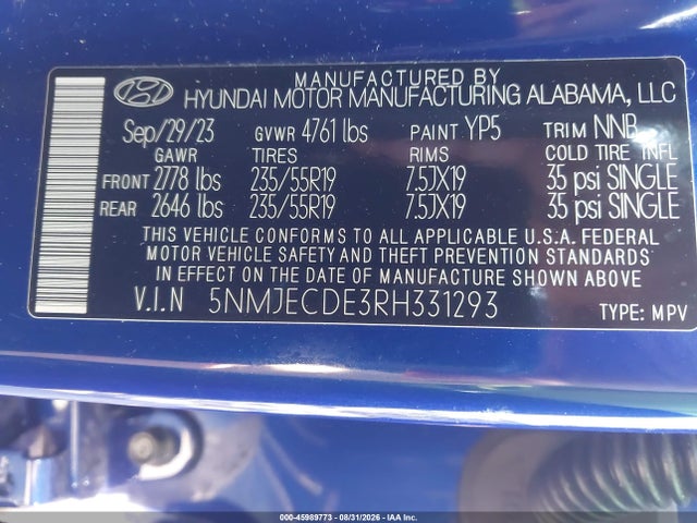 2024 Hyundai Tucson Limited მანქანა იყიდება აუქციონზე, vin: 5NMJECDE3RH331293, აუქციონის ნომერი: 45989773