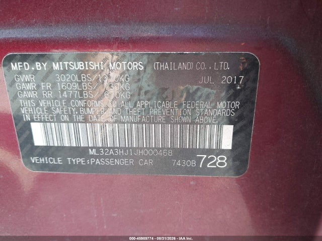2018 Mitsubishi Mirage Es მანქანა იყიდება აუქციონზე, vin: ML32A3HJ1JH000468, აუქციონის ნომერი: 45989774