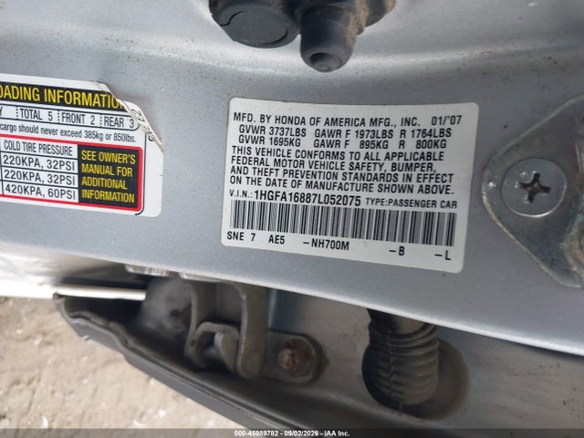 Aukcja sprzedaży 2007 Honda Civic Ex, vin: 1HGFA16887L052075, numer aukcji: 45989782