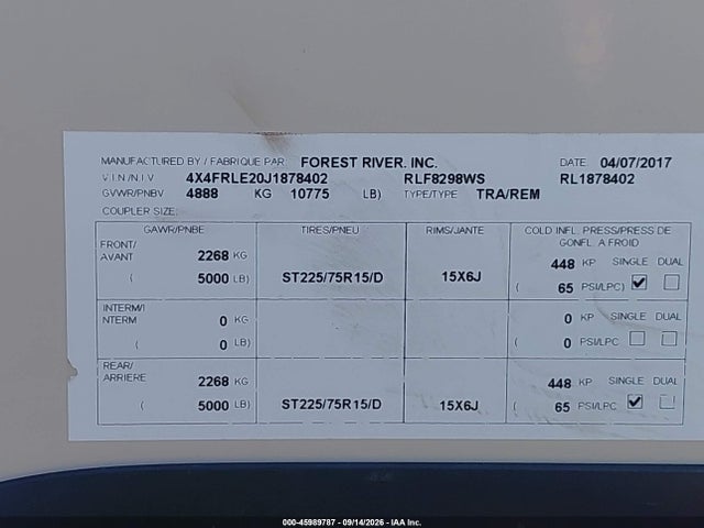 Aukcja sprzedaży 2018 Forest River Rockwood Freedom, vin: 4X4FRLE20J1878402, numer aukcji: 45989787