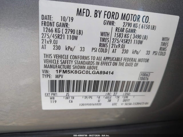 2020 Ford Explorer St მანქანა იყიდება აუქციონზე, vin: 1FM5K8GC0LGA89414, აუქციონის ნომერი: 45989799