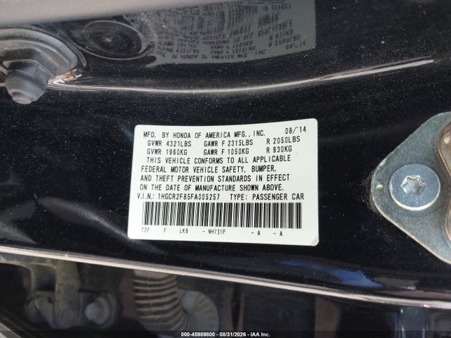 45989800 :رقم المزاد ، 1HGCR2F85FA005257 vin ، 2015 Honda Accord Ex-l مزاد بيع