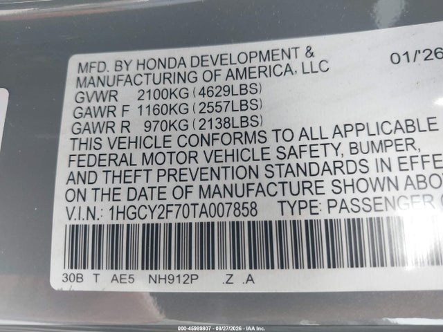 Продаж на аукціоні авто 2026 Honda Accord Hybrid Sport-l, vin: 1HGCY2F70TA007858, номер лоту: 45989807