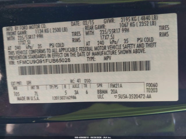 45989810 :رقم المزاد ، 1FMCU9G91FUB65028 vin ، 2015 Ford Escape Se مزاد بيع