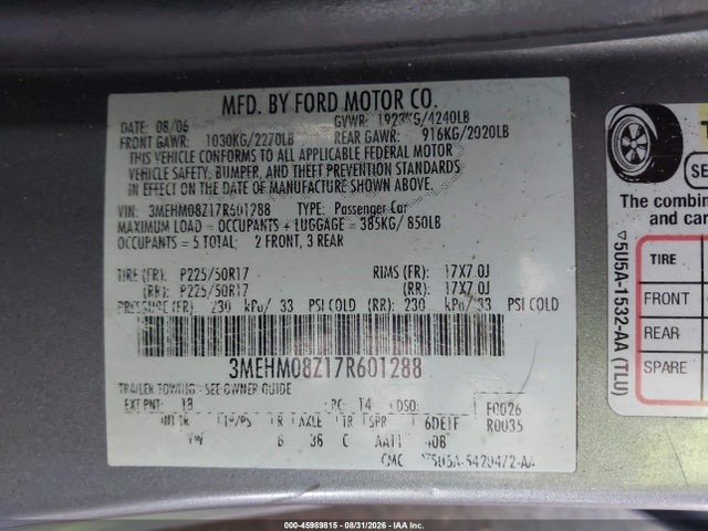 Продажа на аукционе авто 2007 Mercury Milan Premier, vin: 3MEHM08Z17R601288, номер лота: 45989815