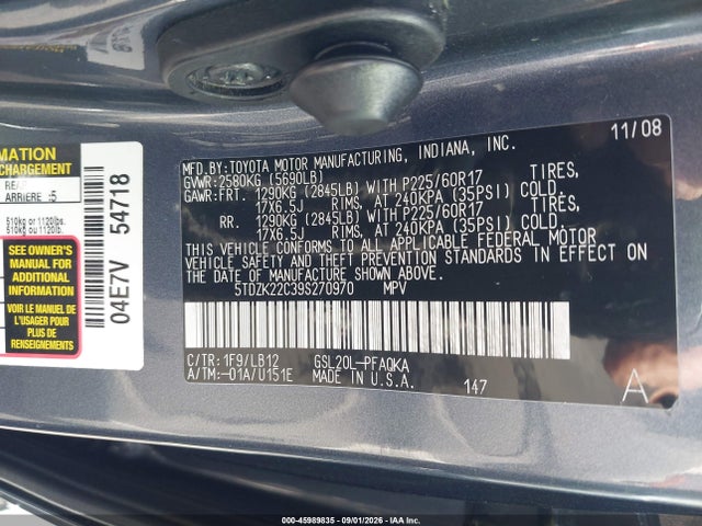 Продажа на аукционе авто 2009 Toyota Sienna Limited, vin: 5TDZK22C39S270970, номер лота: 45989835