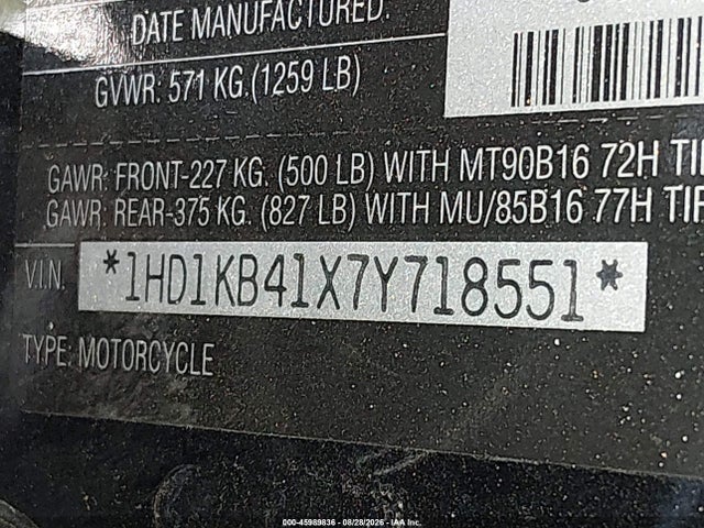 Продаж на аукціоні авто 2007 Harley-davidson Flhx, vin: 1HD1KB41X7Y718551, номер лоту: 45989836