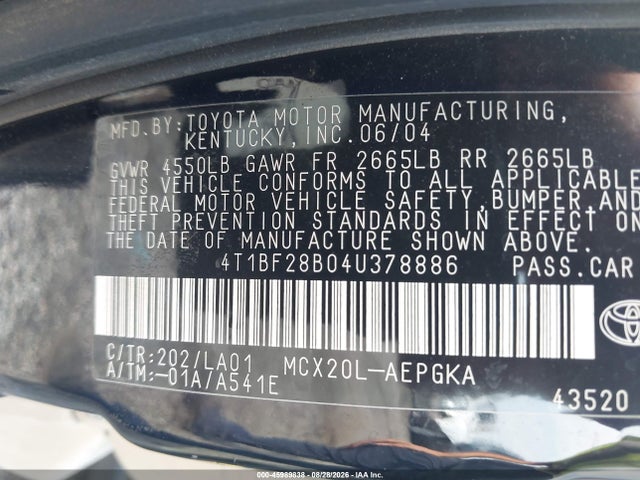 45989838 :رقم المزاد ، 4T1BF28B04U378886 vin ، 2004 Toyota Avalon Xls مزاد بيع
