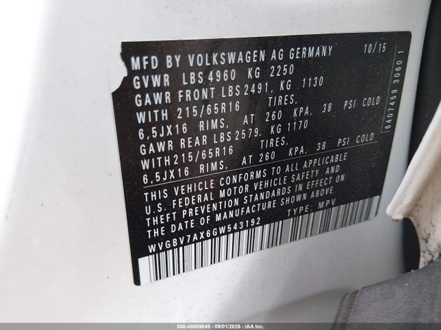 2016 Volkswagen Tiguan S მანქანა იყიდება აუქციონზე, vin: WVGBV7AX6GW543192, აუქციონის ნომერი: 45989849