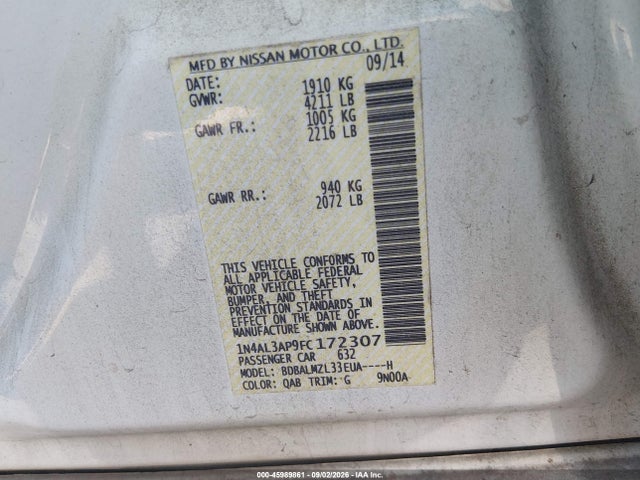 2015 Nissan Altima 2.5 Sv მანქანა იყიდება აუქციონზე, vin: 1N4AL3AP9FC172307, აუქციონის ნომერი: 45989861