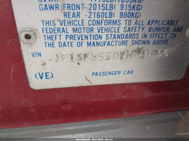 45989866 :رقم المزاد ، JF1SF6550YH716754 vin ، 2000 Subaru Forester S مزاد بيع