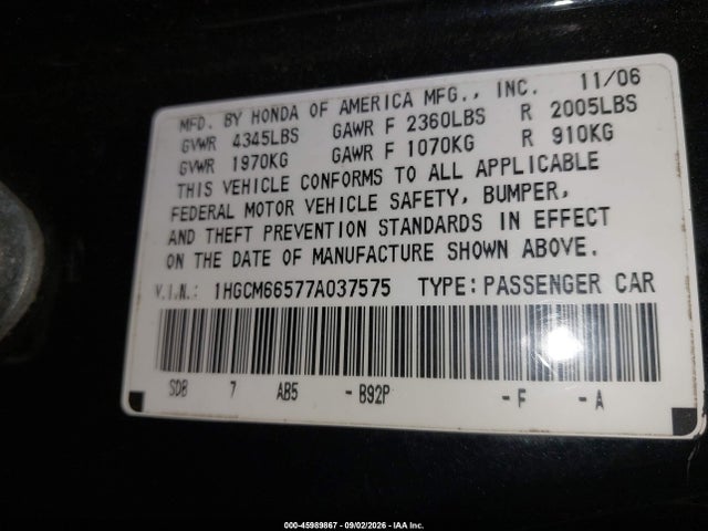 Продаж на аукціоні авто 2007 Honda Accord 3.0 Ex, vin: 1HGCM66577A037575, номер лоту: 45989867