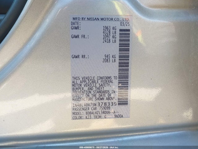 1N4BL4DV7SN378339 Nissan Altima Sv Fwd