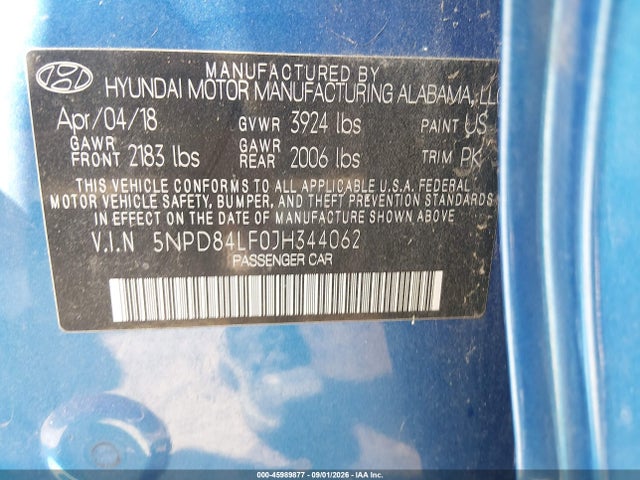 45989877 :رقم المزاد ، 5NPD84LF0JH344062 vin ، 2018 Hyundai Elantra Sel مزاد بيع