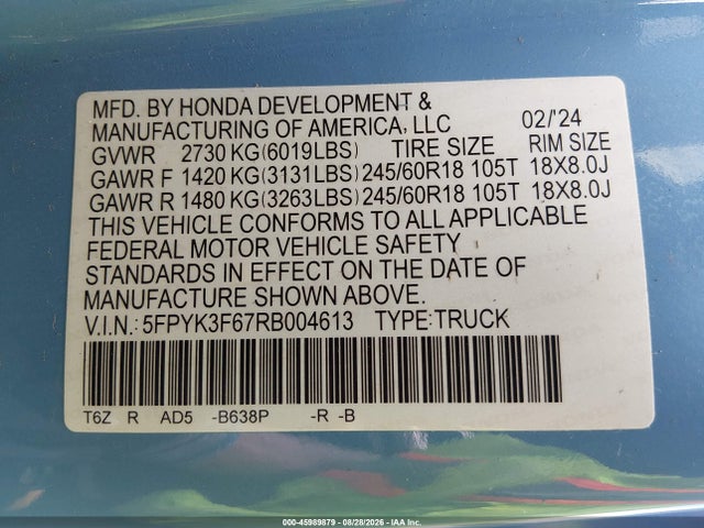 45989879 :رقم المزاد ، 5FPYK3F67RB004613 vin ، 2024 Honda Ridgeline Trailsport مزاد بيع