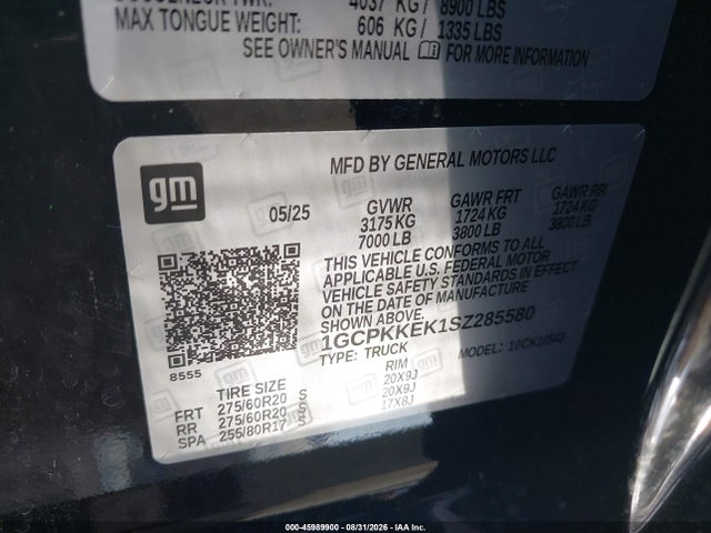 45989900 :رقم المزاد ، 1GCPKKEK1SZ285580 vin ، 2025 Chevrolet Silverado 1500 مزاد بيع