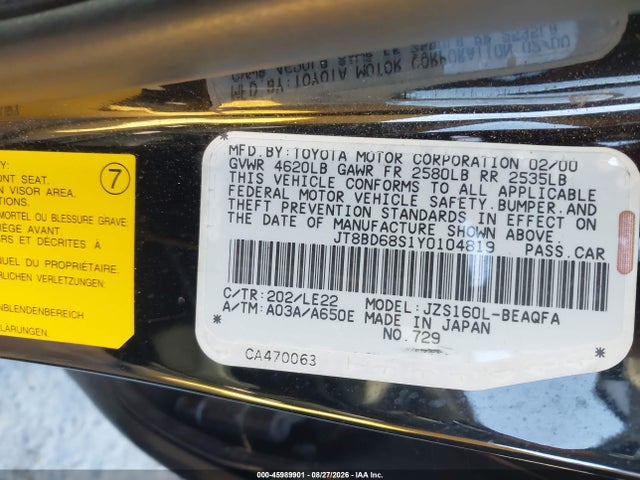 45989901 :رقم المزاد ، JT8BD68S1Y0104819 vin ، 2000 Lexus Gs 300 مزاد بيع