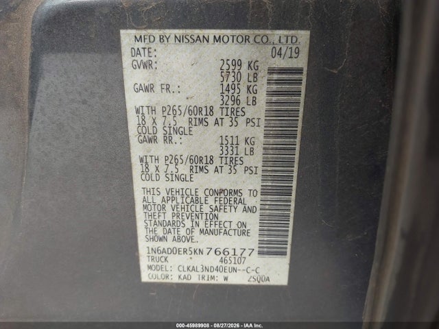 Aukcja sprzedaży 2019 Nissan Frontier Sl, vin: 1N6AD0ER5KN766177, numer aukcji: 45989908