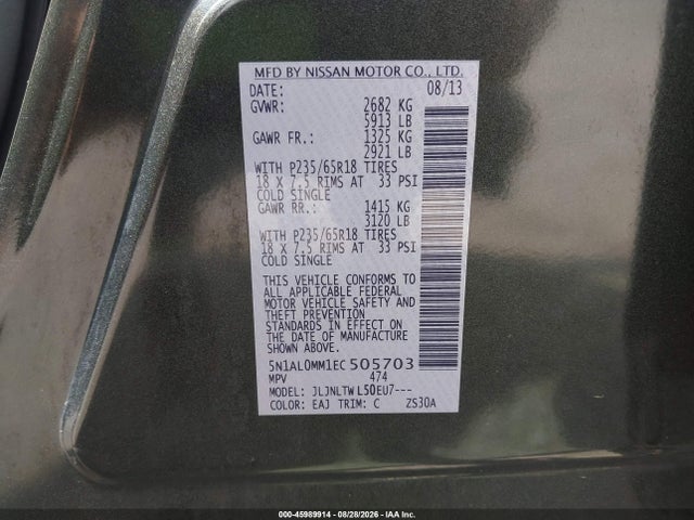 Aukcja sprzedaży 2014 Infiniti Qx60, vin: 5N1AL0MM1EC505703, numer aukcji: 45989914