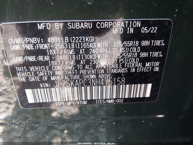 2022 Subaru Forester Limited მანქანა იყიდება აუქციონზე, vin: JF2SKAPC3NH475158, აუქციონის ნომერი: 45989922
