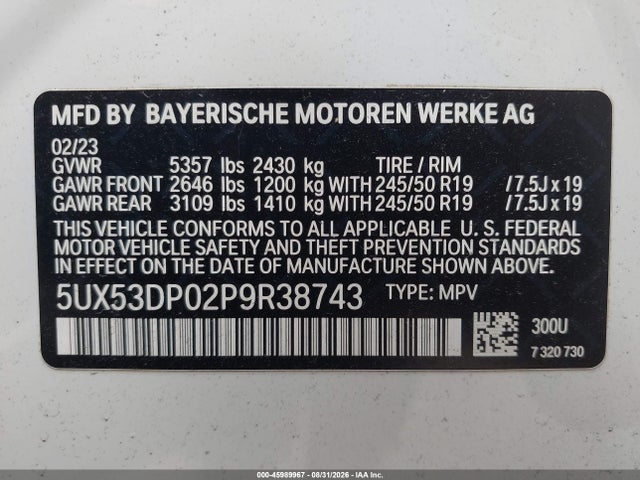 Aukcja sprzedaży 2023 Bmw X3 Xdrive30i, vin: 5UX53DP02P9R38743, numer aukcji: 45989967