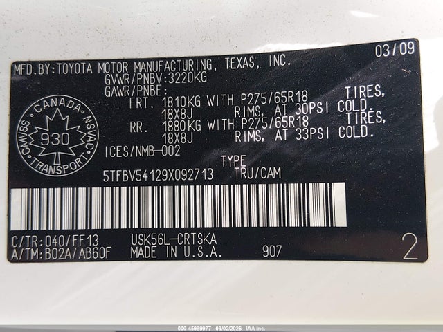 Продажа на аукционе авто 2009 Toyota Tundra Sr5 5.7l V8, vin: 5TFBV54129X092713, номер лота: 45989977