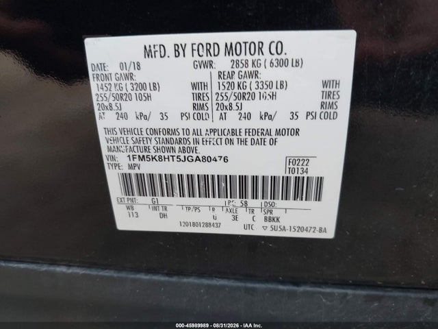 Продаж на аукціоні авто 2018 Ford Explorer Platinum, vin: 1FM5K8HT5JGA80476, номер лоту: 45989989