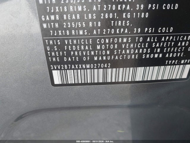 Продаж на аукціоні авто 2022 Volkswagen Tiguan 2.0t Se, vin: 3VV2B7AXXNM027042, номер лоту: 45989991
