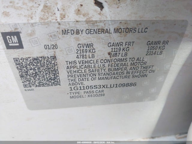 2020 Chevrolet Impala Fwd Premier მანქანა იყიდება აუქციონზე, vin: 1G1105S3XLU109886, აუქციონის ნომერი: 45990009