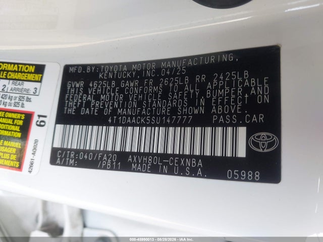 2025 Toyota Camry Le მანქანა იყიდება აუქციონზე, vin: 4T1DAACK5SU147777, აუქციონის ნომერი: 45990013