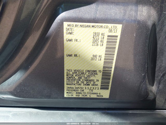 Продажа на аукционе авто 2014 Nissan Altima 2.5 Sv, vin: 1N4AL3AP2EC112321, номер лота: 45990016