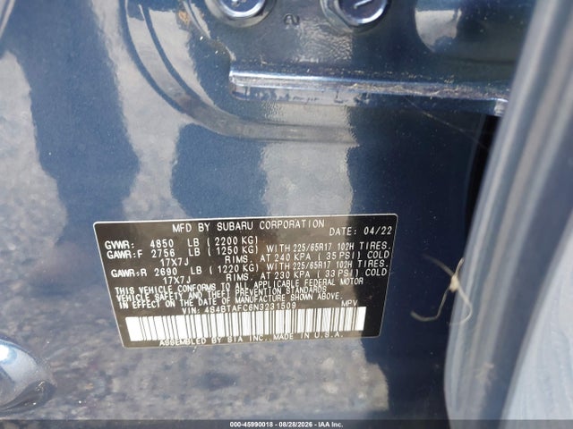 45990018 :رقم المزاد ، 4S4BTAFC6N3231509 vin ، 2022 Subaru Outback Premium مزاد بيع