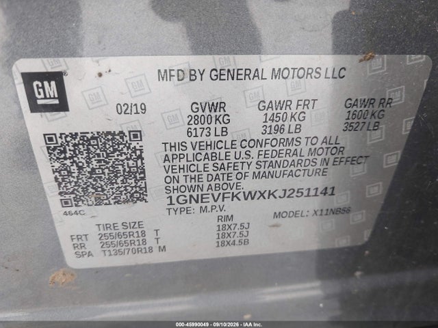 45990049 :رقم المزاد ، 1GNEVFKWXKJ251141 vin ، 2019 Chevrolet Traverse Ls مزاد بيع