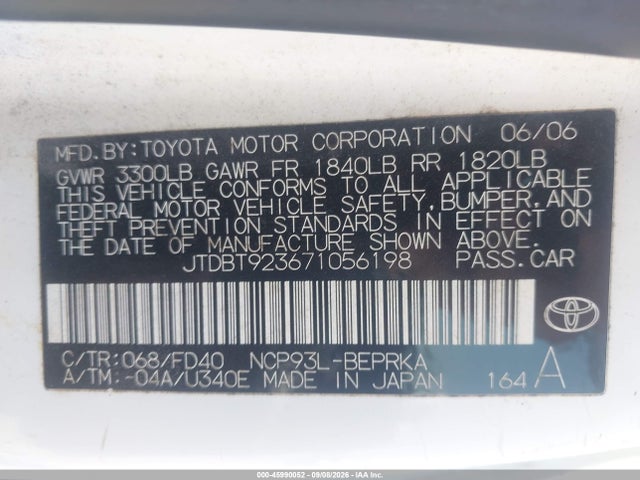2007 Toyota Yaris მანქანა იყიდება აუქციონზე, vin: JTDBT923671056198, აუქციონის ნომერი: 45990052