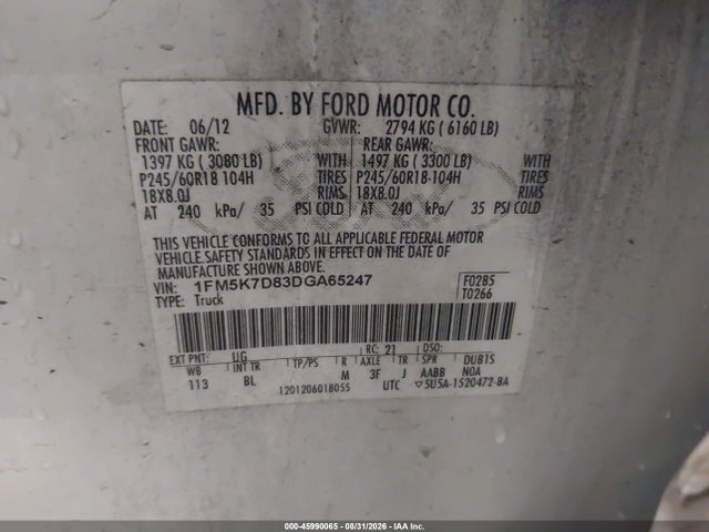 Aukcja sprzedaży 2013 Ford Explorer Xlt, vin: 1FM5K7D83DGA65247, numer aukcji: 45990065