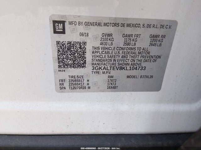 2019 Gmc Terrain Sle მანქანა იყიდება აუქციონზე, vin: 3GKALTEV8KL104733, აუქციონის ნომერი: 45990068