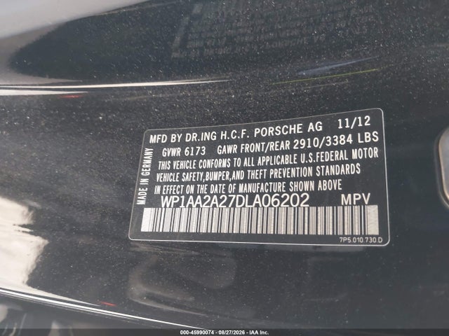 45990074 :رقم المزاد ، WP1AA2A27DLA06202 vin ، 2013 Porsche Cayenne مزاد بيع